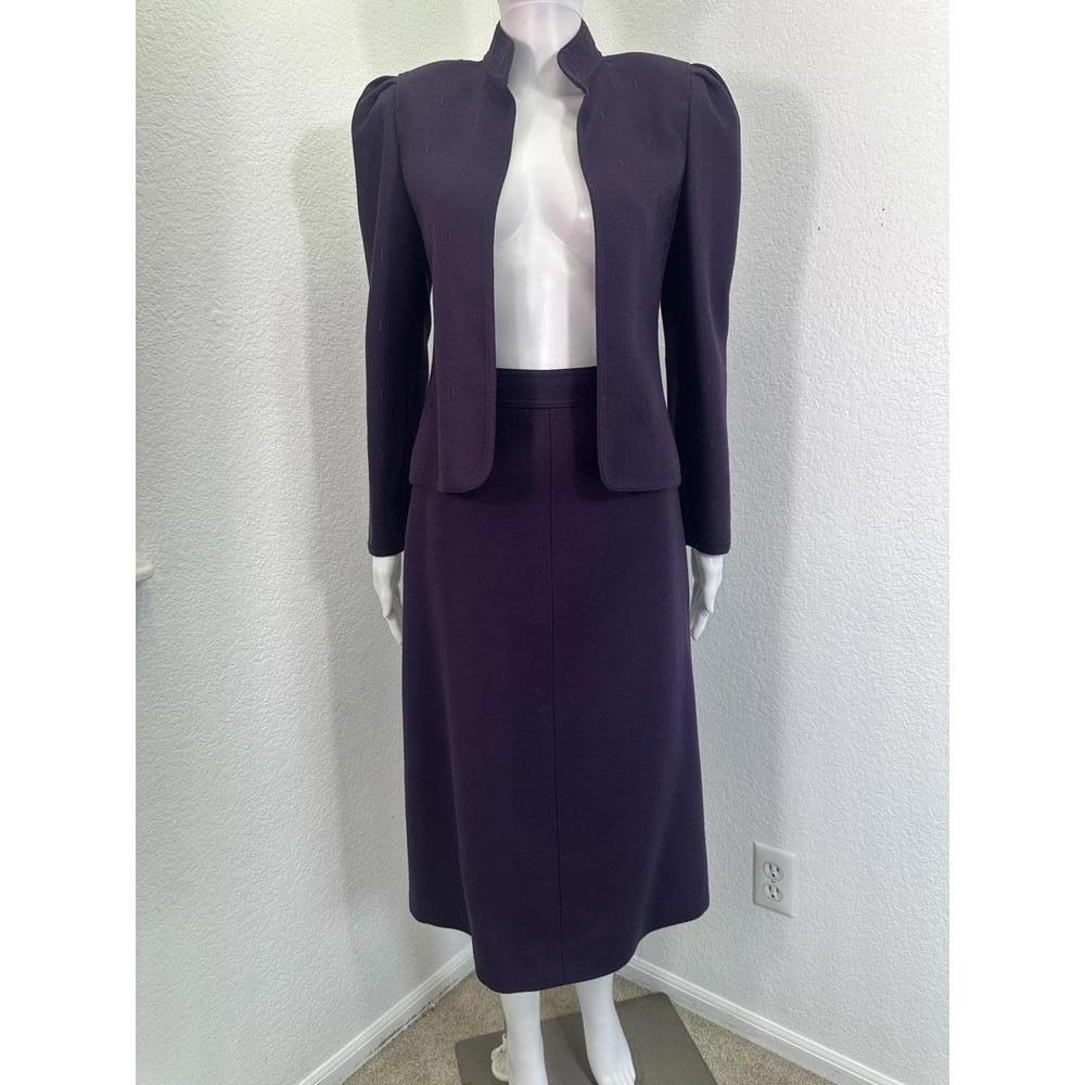 Sz 34 XS Louis Feraud Purple 100% Wool Pencil Skirt Suit Dark Academia Office